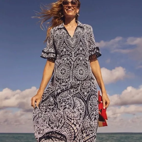 Chico's Eyelet Tiered Sundress Embroidered
Maxi Blue White Size 14/2.5 Dress - Picture 10 of 13